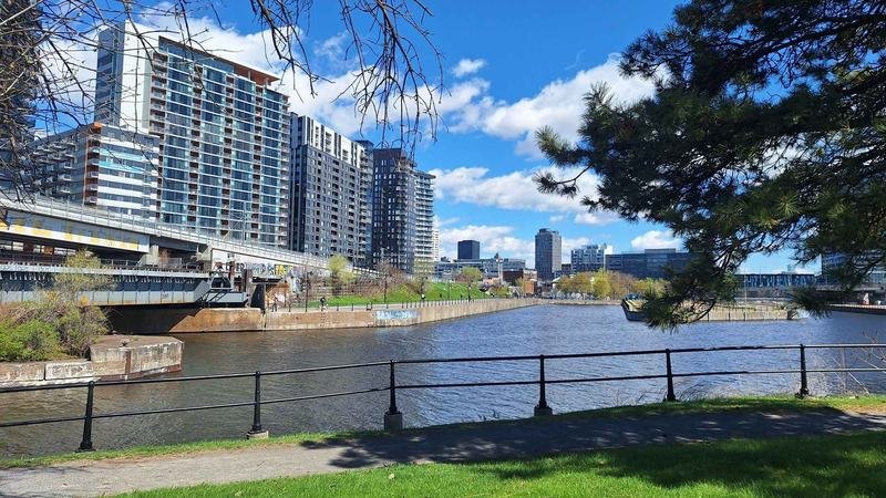The Lachine Canal path in Griffintown on a sunny spring day
