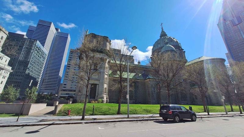 Mary Queen of the World Cathedral surrounded by downtown office towers
