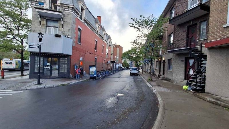 A Plateau side street off Saint-Denis with an outdoor staircase and a BIXI station