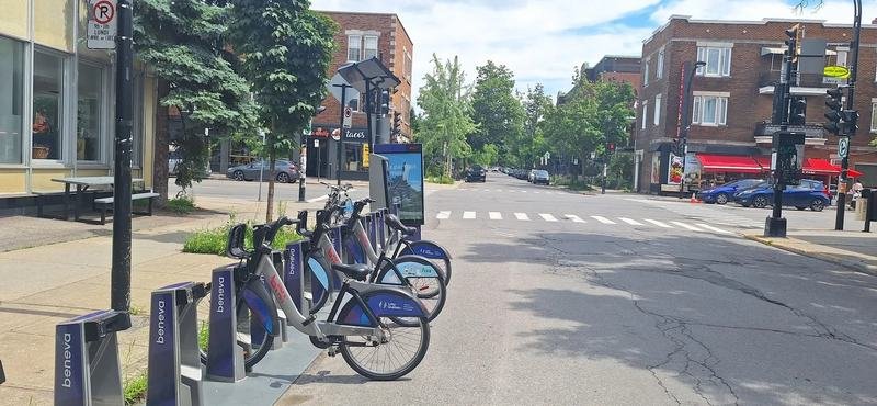 A BIXI station on a leafy corner of Rue Jarry in Villeray